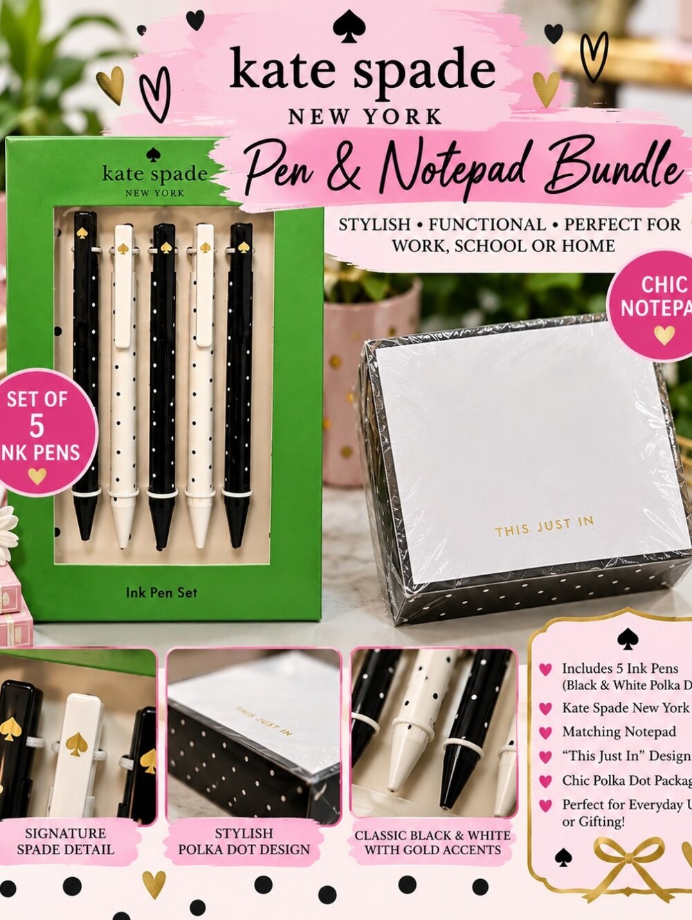 NWT Kate Spade New York Polka Dot 5 Pen Set + This Just In Notepad Bundle